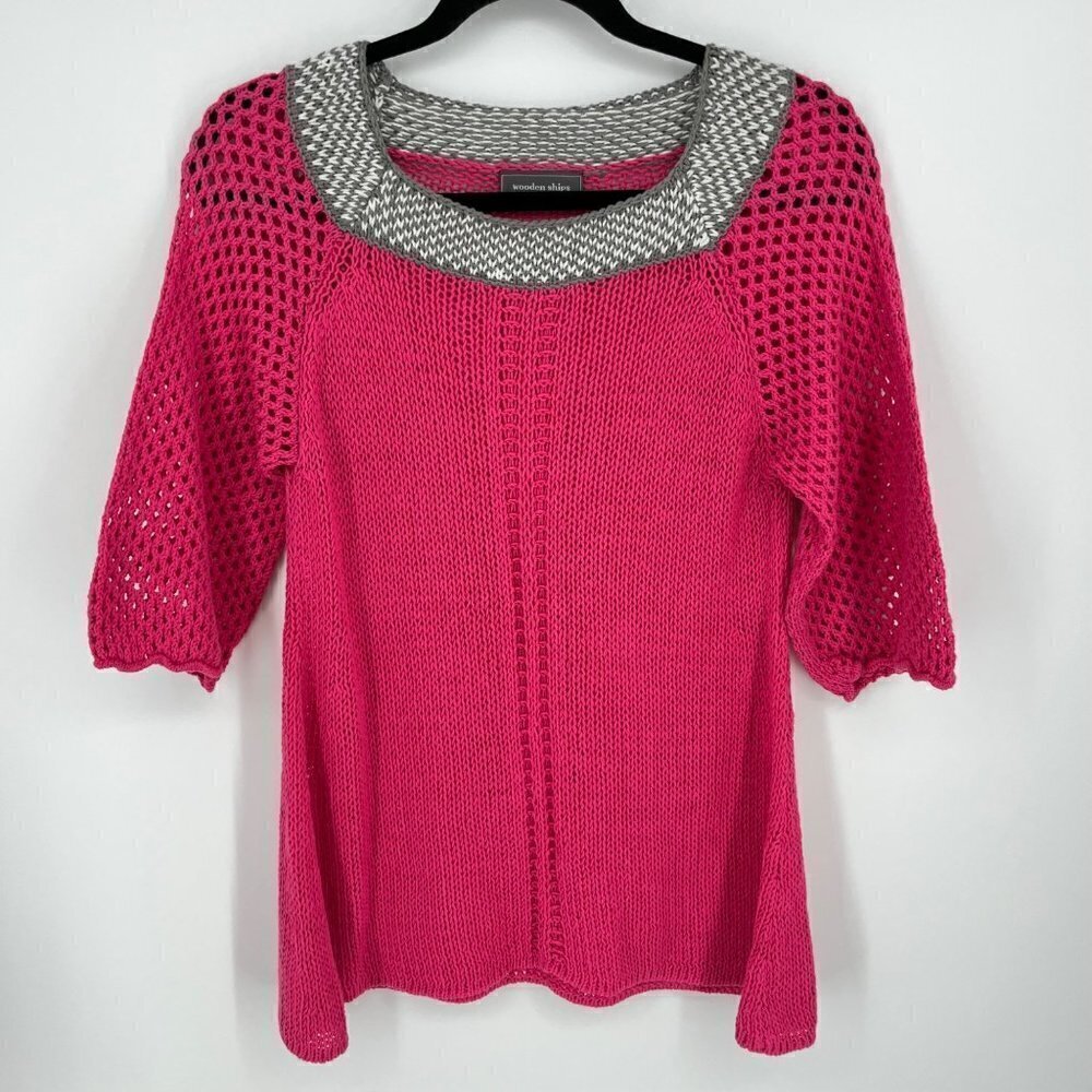 Wooden Ships Womens Open Knit Sweater Size M/L Pink Gray Boho Barbie 3/4 Sleeve